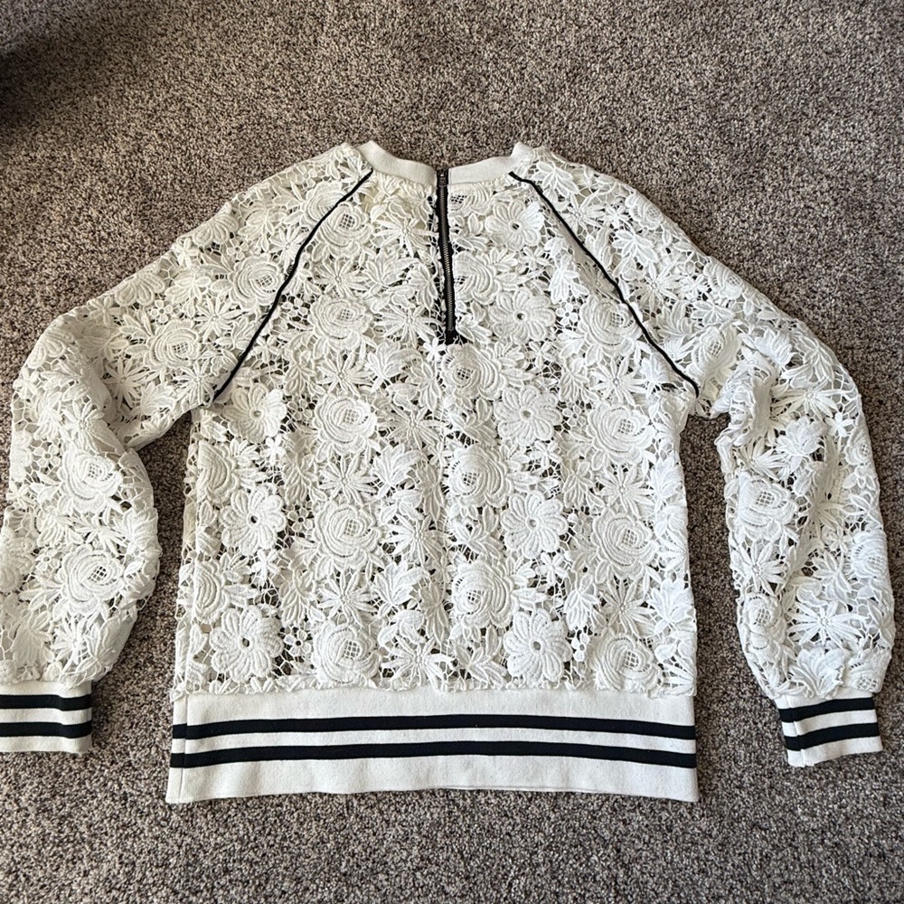 Anthropologie Maeve lace long sleeve white top black cuffs Small SO CUTE! Zipper - Picture 11 of 12
